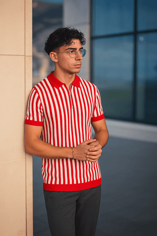 Red & White Vertical Striped Knit Half-Zip Polo Shirt - Ecowears.pk