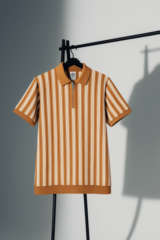 Mustard & White Vertical Striped Knit Half-Zip Polo Shirt - Ecowears.pk