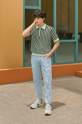 Mint Green & Black Vertical Striped Knit Half-Zip Polo Shirt - Ecowears.pk