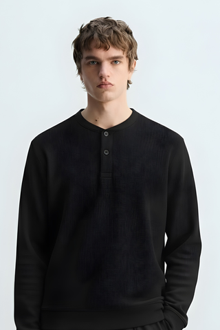 Classic Button-Neck Black Sweatshirt