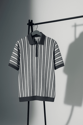 Grey & White Vertical Striped Knit Half-Zip Polo - Ecowears.pk