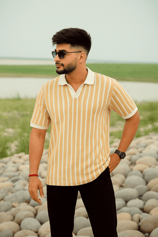 Mustard & White Vertical Striped Short-Sleeve Polo Shirt - Ecowears.pk