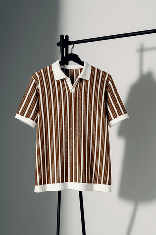 Brown & White Vertical Striped Knit Half-Zip Polo Shirt - Ecowears.pk