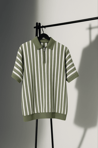 Olive Green & White Vertical Striped Knit Half-Zip Polo - Ecowears.pk