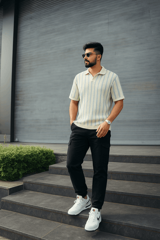 Cream & Blue Vertical Striped Short-Sleeve Polo Shirt - Ecowears.pk