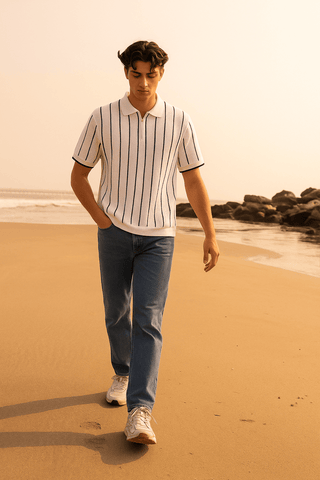 Classic White & Black Vertical Striped Knit Half-Zip Polo Shirt - Ecowears.pk