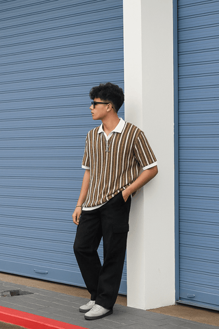 Brown & White Vertical Striped Knit Half-Zip Polo Shirt - Ecowears.pk