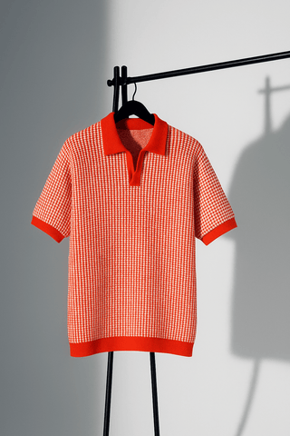 Orange & White Textured Knit Half-Zip Polo Shirt - Ecowears.pk