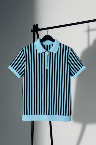 Sky Blue & Black Vertical Striped Knit Half-Zip Polo Shirt - Ecowears.pk