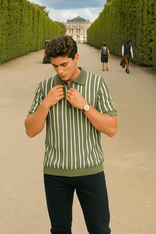Olive Green & White Vertical Striped Knit Half-Zip Polo - Ecowears.pk