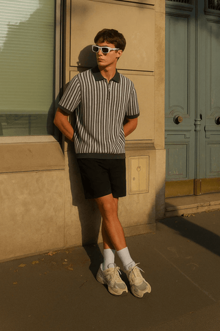 Grey & White Vertical Striped Knit Half-Zip Polo - Ecowears.pk