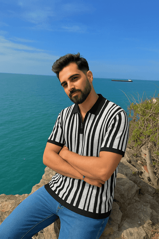 White Shirt with Black Vertical Striped Knit Half-Zip Polo Design - Ecowears.pk