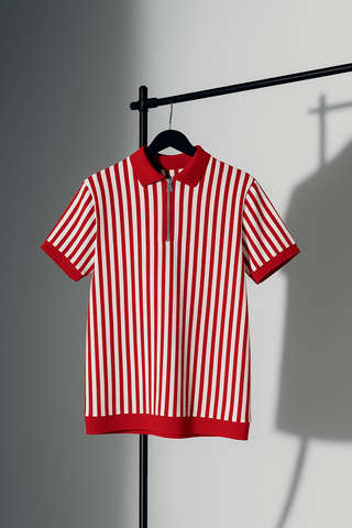 Red & White Vertical Striped Knit Half-Zip Polo Shirt - Ecowears.pk