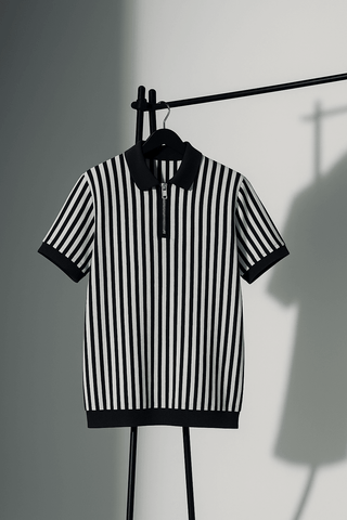Black & White Bold Vertical Striped Knit Half-Zip Polo Shirt - Ecowears.pk