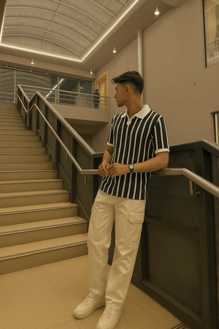 Black & White Vertical Striped Polo with White Collar - Ecowears.pk