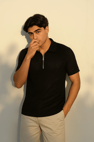 Classic Black Textured Knit Half-Zip Polo Shirt - Ecowears.pk