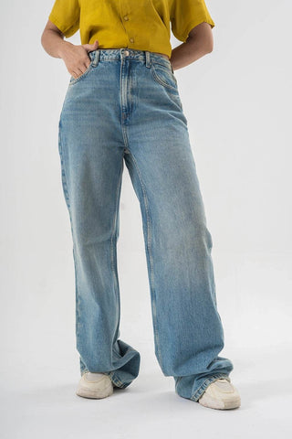 Baggy Fit Blue Denim Pants with Panel Stitch Detailing - Light Wash Style - Ecowears.pk