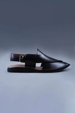 Black Leather Charsadda Chappal with Brass Buckle and Square Toe Detailing - Ecowears.pk