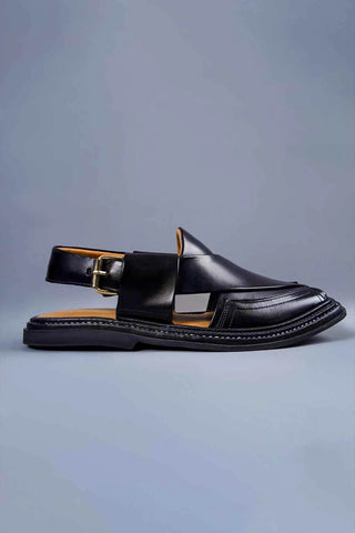 Classic Black Leather Charsadda Chappal with Traditional Side Buckle Closure - Ecowears.pk