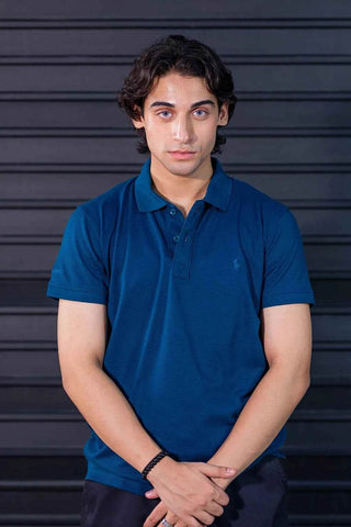 Classic Fit Polo Shirt for Men in Navy Teal Textured Fabric - Ecowears.pk