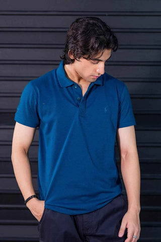 Classic Fit Polo Shirt for Men in Navy Teal Textured Fabric - Ecowears.pk