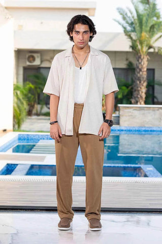 Cream Textured Shirt and Green Trousers Set for Effortless Casual Style - Ecowears.pk