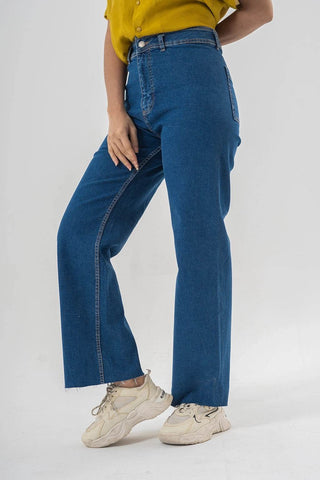 High Waist Flared Blue Denim Pants with Clean Hem Finish - Ecowears.pk