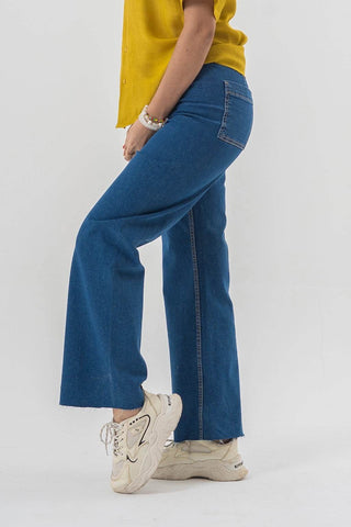 High Waist Flared Blue Denim Pants with Clean Hem Finish - Ecowears.pk