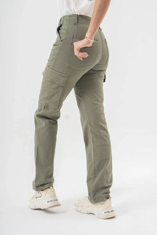 High Waist Cargo Pants in Olive Green with Side Flap Pockets - Straight Fit Style - Ecowears.pk