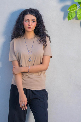 Khaki Beige Crew Neck T-Shirt – Women's Everyday Neutral Tee - Ecowears.pk