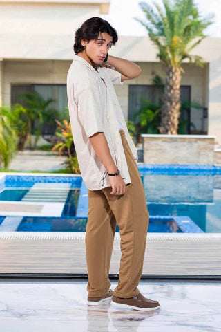 Cream Textured Shirt and Green Trousers Set for Effortless Casual Style - Ecowears.pk