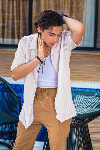 Cream Textured Shirt and Green Trousers Set for Effortless Casual Style - Ecowears.pk