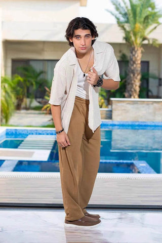 Cream Textured Shirt and Green Trousers Set for Effortless Casual Style - Ecowears.pk