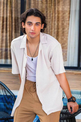 Cream Textured Shirt and Green Trousers Set for Effortless Casual Style - Ecowears.pk