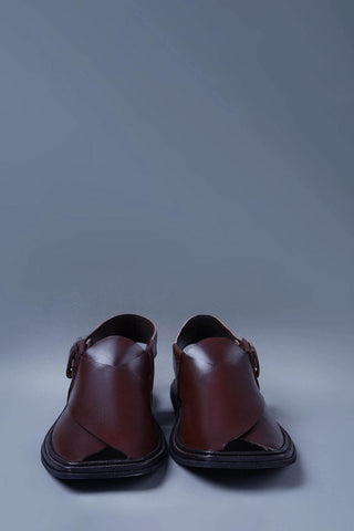 Maroon Leather Kaptaan Chappal with Classic Cross Strap Design - Ecowears.pk