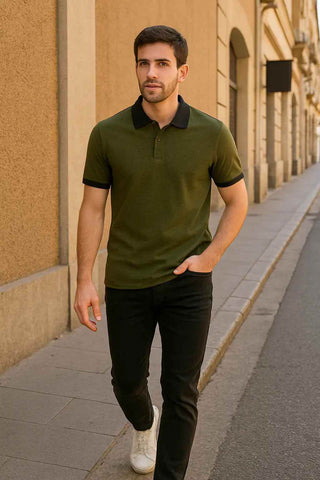 Men’s Olive Green Polo Shirt with Black Accents for Stylish Casual Wear - Ecowears.pk