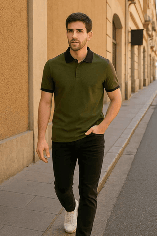 Men’s Olive Green Polo Shirt with Black Accents for Stylish Casual Wear - Ecowears.pk