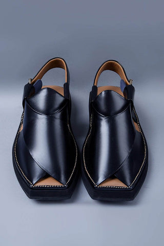 Premium Black Leather Chappal with Bold Square Toe and Stitch Accent - Ecowears.pk