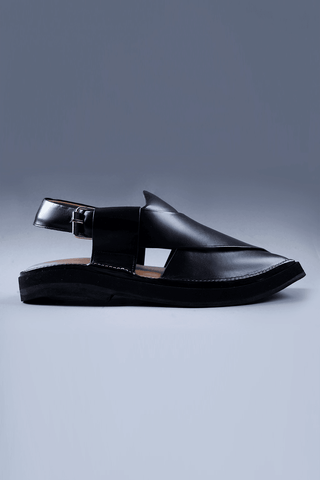 Premium Black Leather Chappal with Bold Square Toe and Stitch Accent - Ecowears.pk