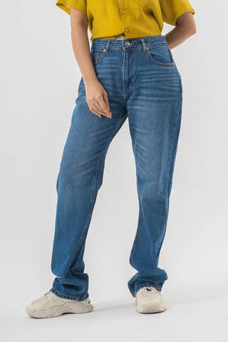 Straight Fit Blue Denim Pants in Mid Wash for Relaxed Everyday Style - Ecowears.pk