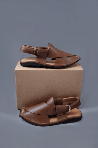 Tan Brown Leather Kaptaan Chappal with Sleek Square Toe Finish - Ecowears.pk