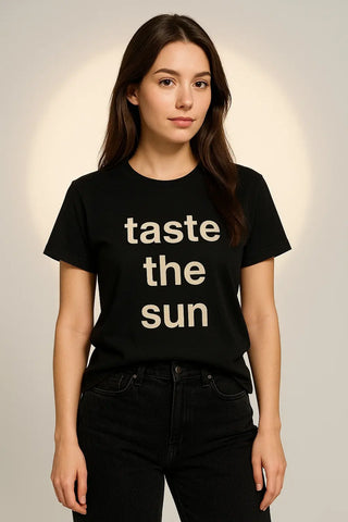 Taste the Sun" Graphic Tee – Women's Black Cotton Statement T-Shirt