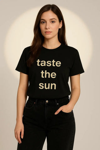 Taste the Sun" Graphic Tee – Women's Black Cotton Statement T-Shirt