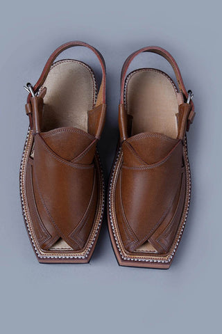 Traditional Brown Leather Kaptaan Chappal with Signature Square Toe Design - Ecowears.pk