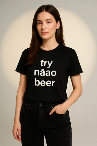 Try Náao Beer" Graphic Tee – Women's Black Cotton Statement Shirt