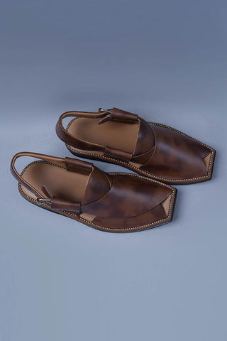 Two Tone Brown Leather Kaptaan Chappal with Textured Finish and Square Toe - Ecowears.pk