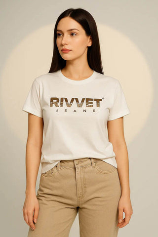 Women's White Cotton T-Shirt – Rivvet Jeans Logo Print - Ecowears.pk