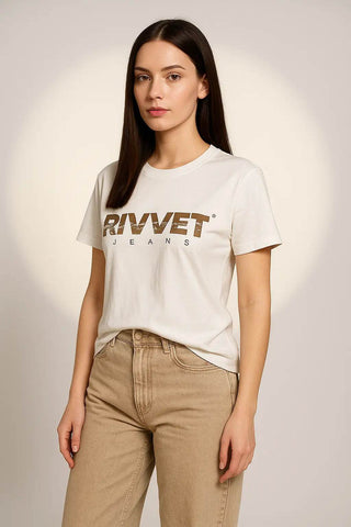 Women's White Cotton T-Shirt – Rivvet Jeans Logo Print - Ecowears.pk