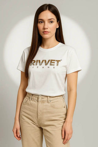 Women's White Cotton T-Shirt – Rivvet Jeans Logo Print - Ecowears.pk